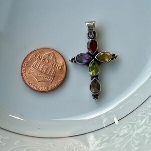 Vintage Sterling Silver 925 Multi-Gemstone Cross Pendant